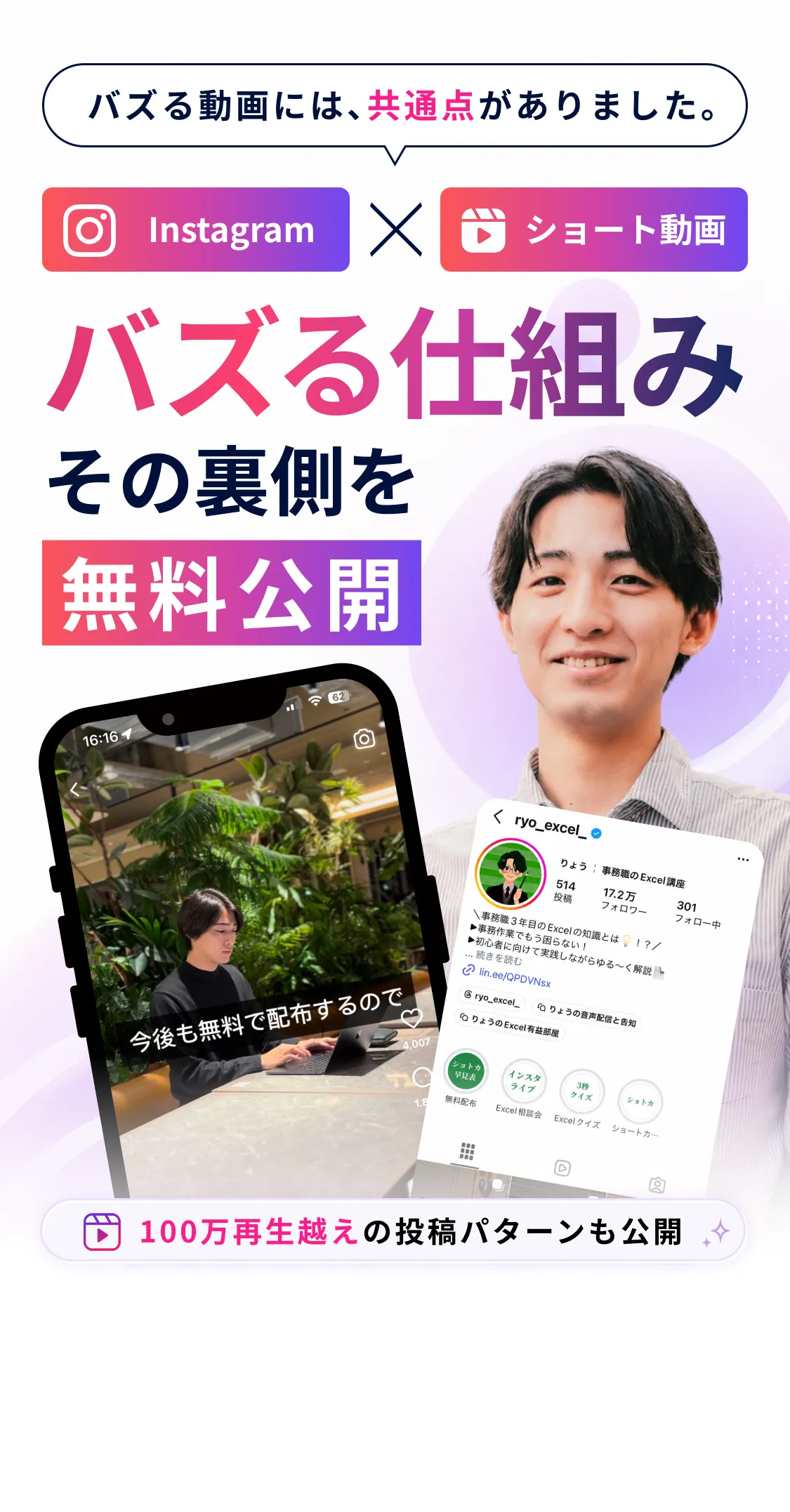 バズるには共通点がありました。 Instagram×ショート動画 バズる仕組み その裏側を無料公開 100万再生超えの投稿パターンも公開